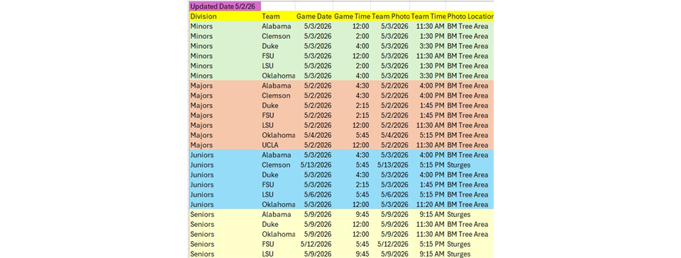 Team Photo Schedule